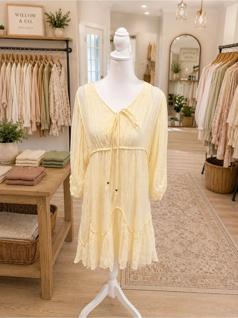 Umgee Buttercream Babydoll Dress Large Boho Ruffle Hem Long Sleeve